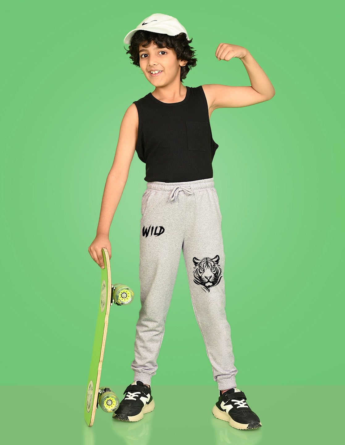 Nusyl Boys Grey Tiger Face & Text Printed Ankle Length Track Pant