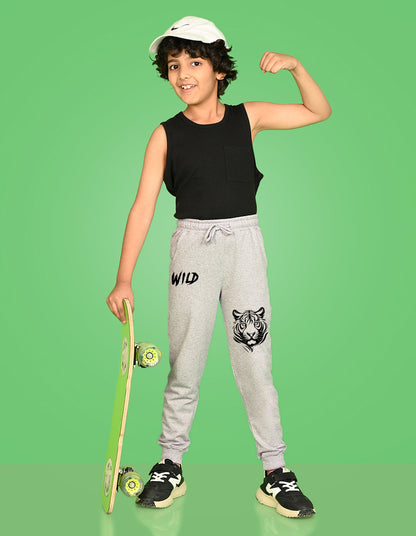 Nusyl Boys Grey Tiger Face & Text Printed Ankle Length Track Pant