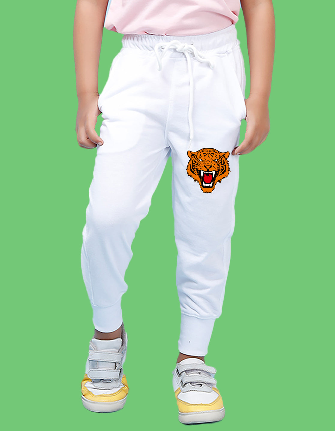 Nusyl Boys White Tiger Face Printed Ankle Length Track Pant