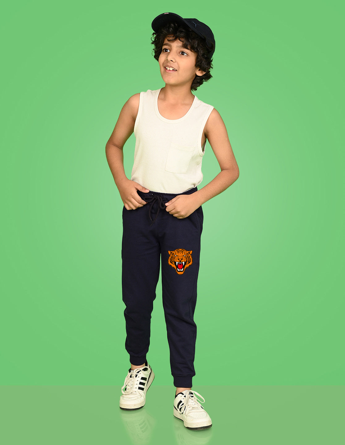 Nusyl Boys Navy Blue Tiger Face Printed Ankle Length Track Pant