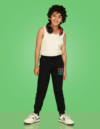 Nusyl Boys Black Hero Text Printed Ankle Length Track Pant