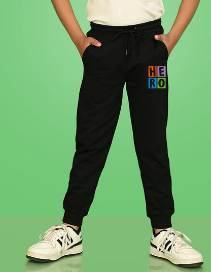 Nusyl Boys Black Hero Text Printed Ankle Length Track Pant