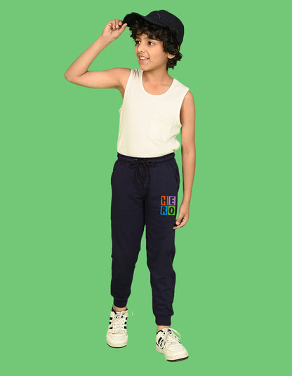 Nusyl Boys Navy Blue Hero Text Printed Ankle Length Track Pant