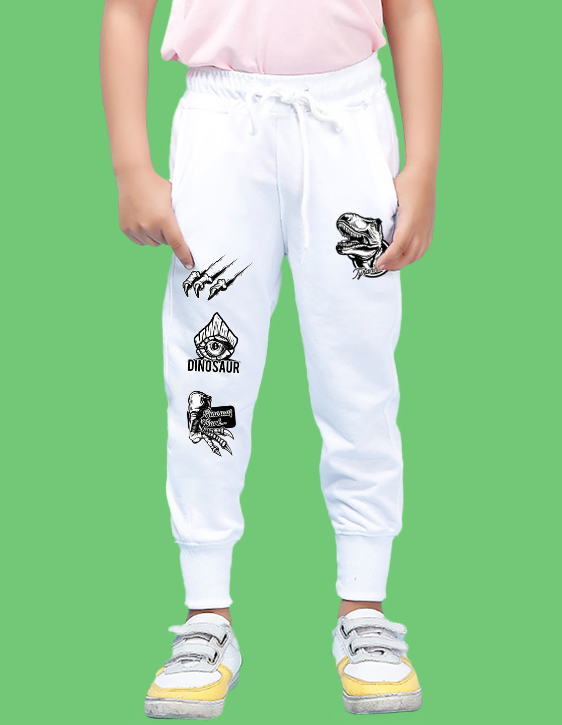 Nusyl Boys White Dinosaur Printed Ankle Length Track Pant