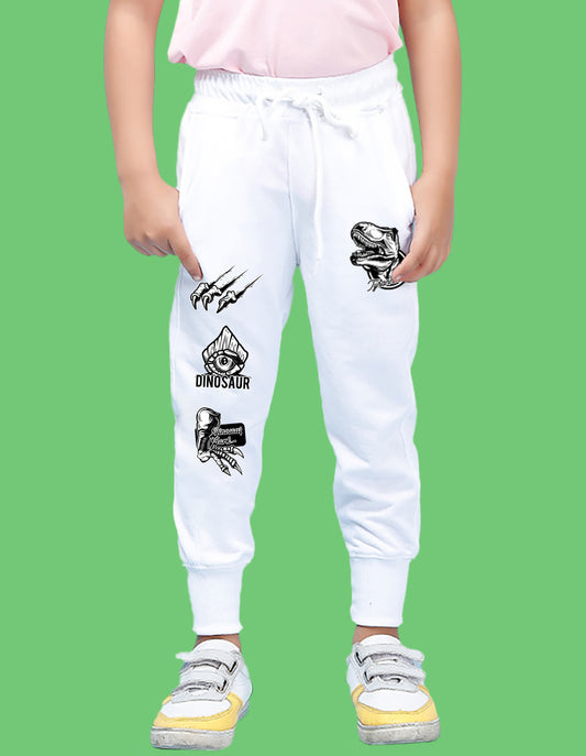 Nusyl Boys White Dinosaur Printed Ankle Length Track Pant