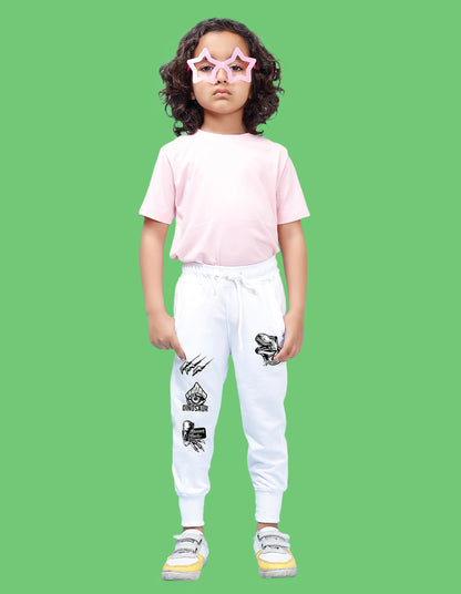 Nusyl Boys White Dinosaur Printed Ankle Length Track Pant