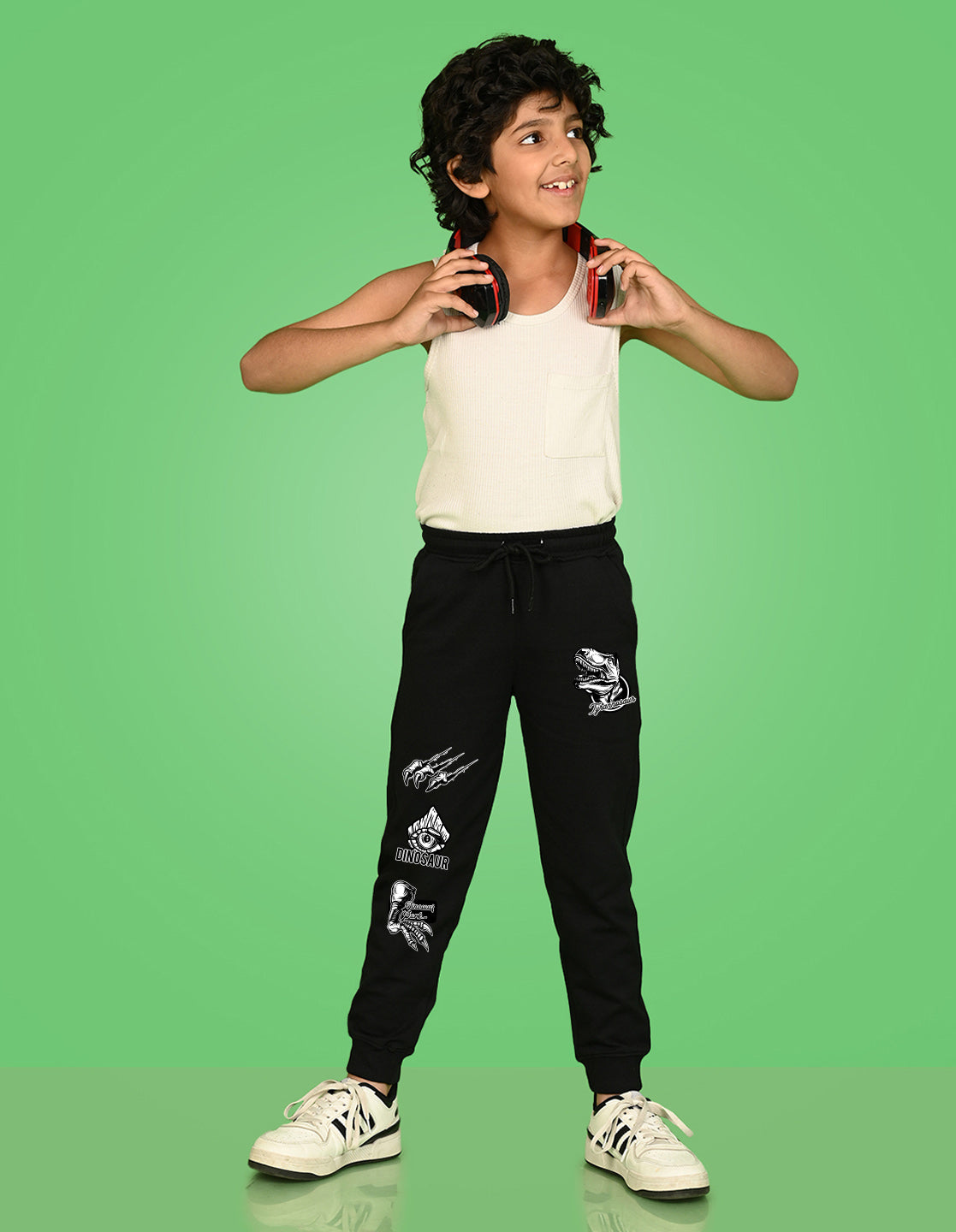 Nusyl Boys Black Dinosaur Printed Ankle Length Track Pant