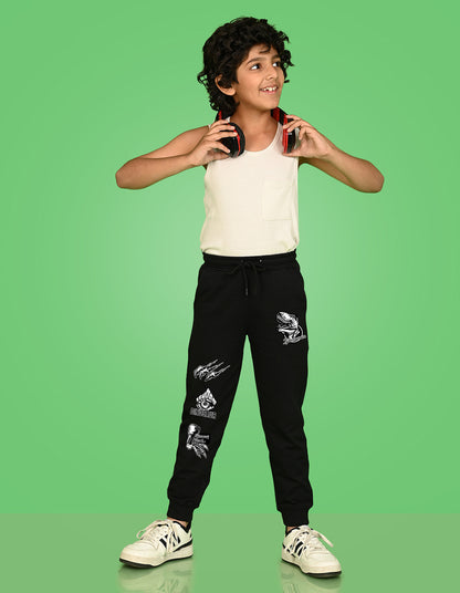 Nusyl Boys Black Dinosaur Printed Ankle Length Track Pant