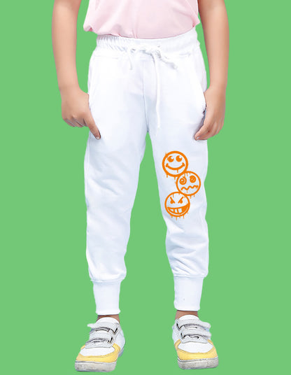 Nusyl Boys White Emojis Printed Ankle Length Track Pant