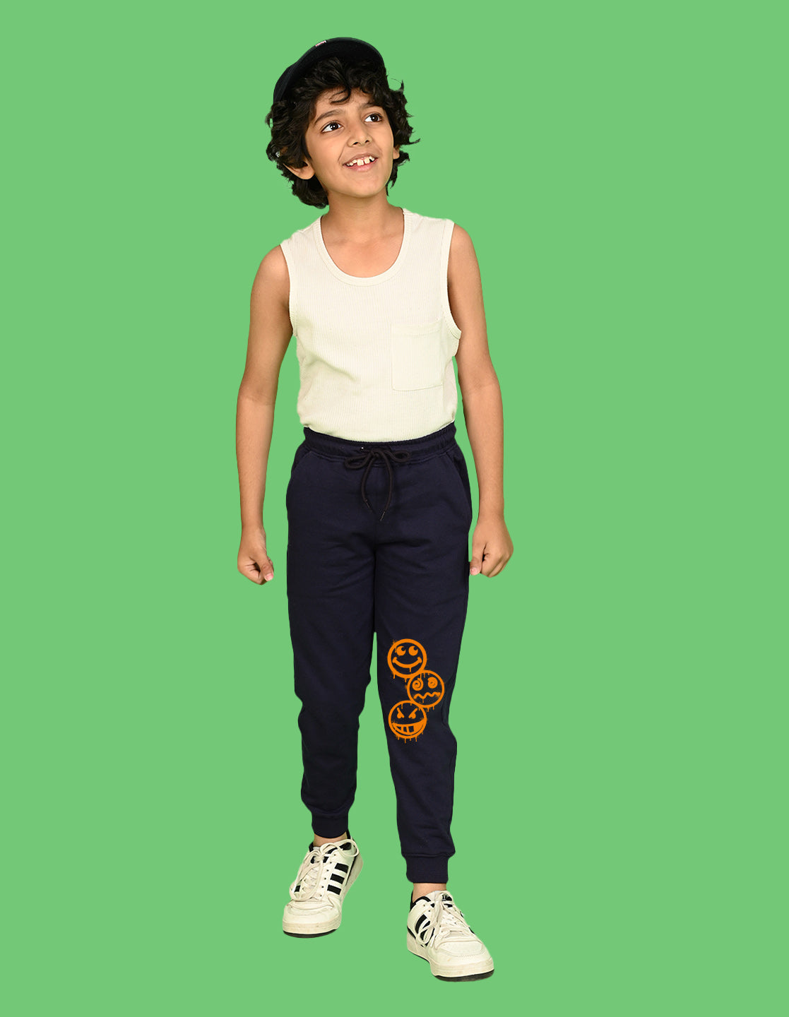 Nusyl Boys Navy Blue Emojis Printed Ankle Length Track Pant