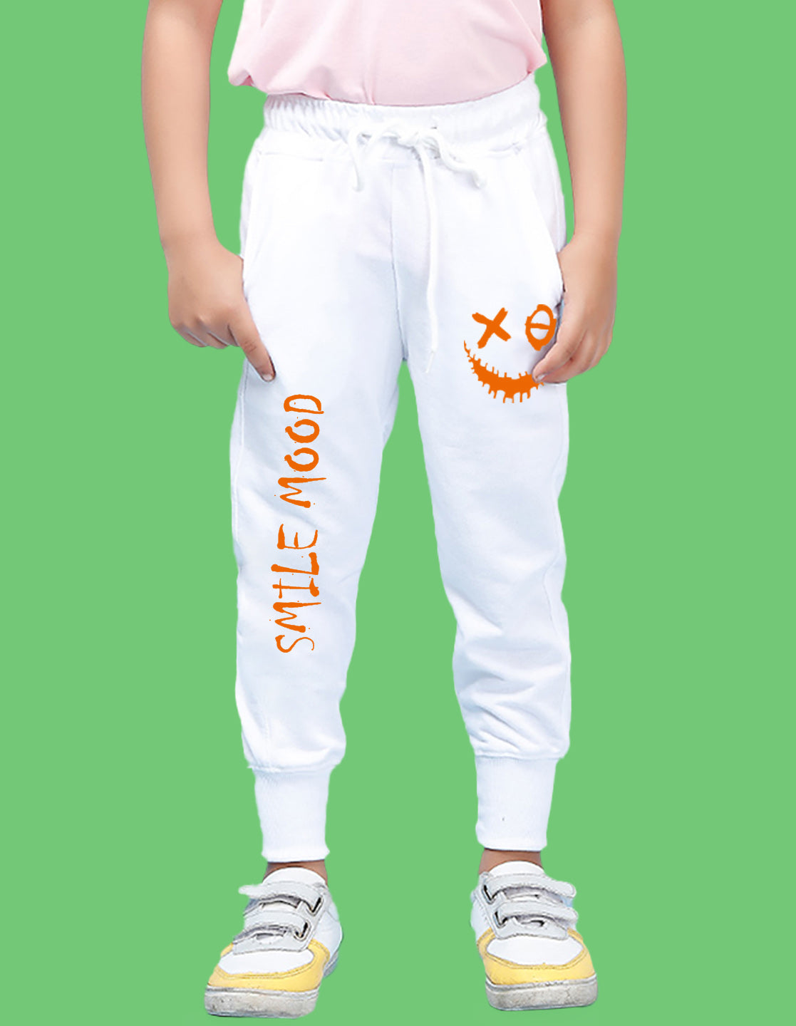 Nusyl Boys White Smiley Emoji Printed Ankle Length Track Pant