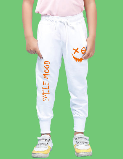 Nusyl Boys White Smiley Emoji Printed Ankle Length Track Pant