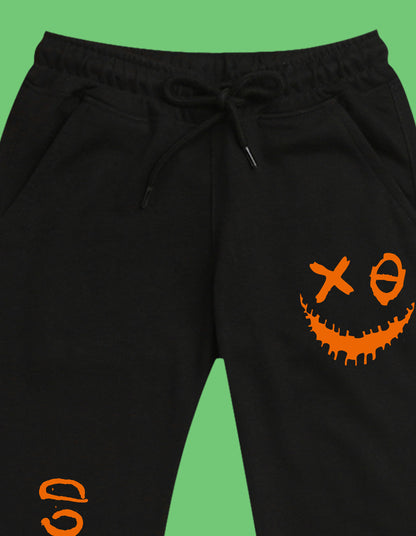 Nusyl Boys Black Smiley Emoji Printed Ankle Length Track Pant