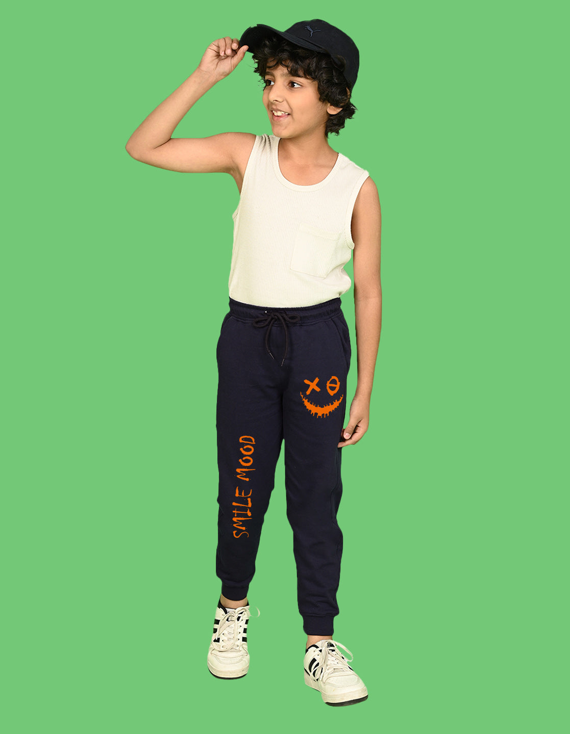 Nusyl Boys Navy Blue Smiley Emoji Printed Ankle Length Track Pant
