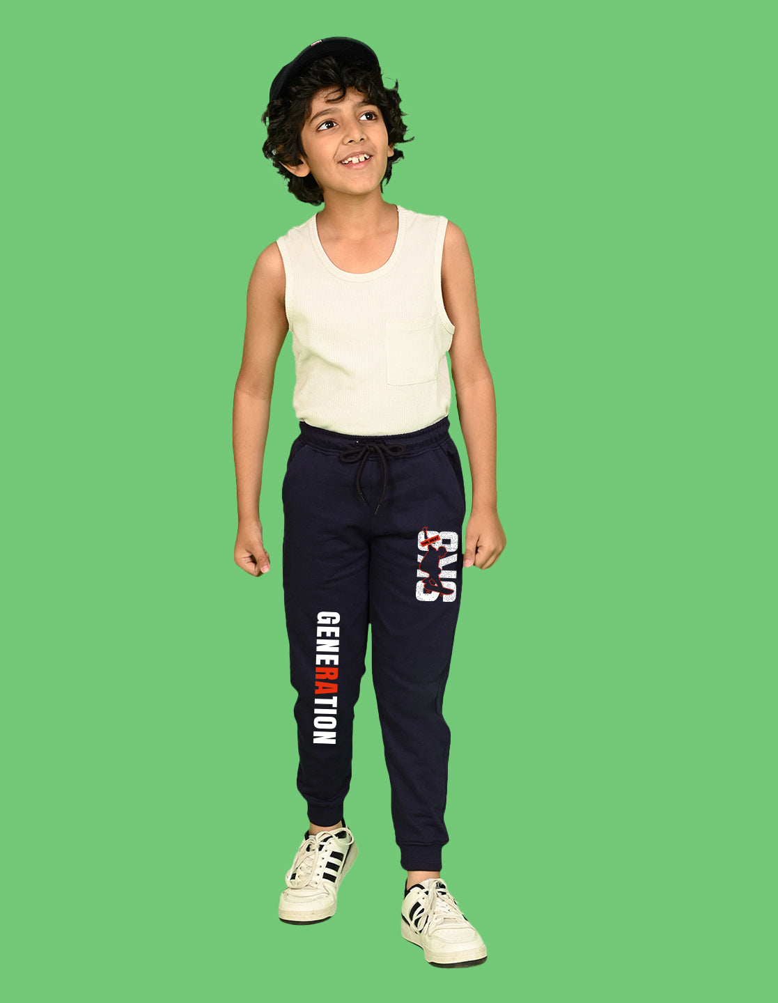 Nusyl Boys Navy Blue Generation Text Printed Ankle Length Track Pant