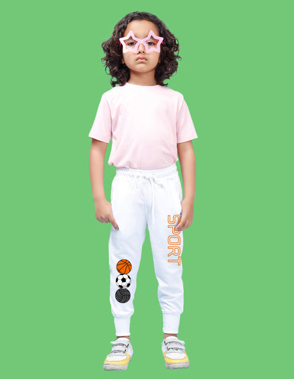 Nusyl Boys White Basketball & Text Printed Ankle Length Track Pant