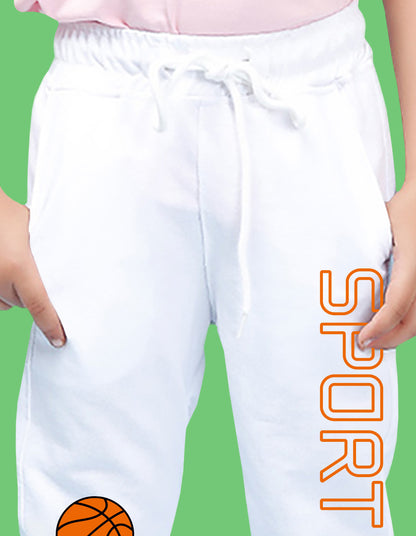 Nusyl Boys White Basketball & Text Printed Ankle Length Track Pant