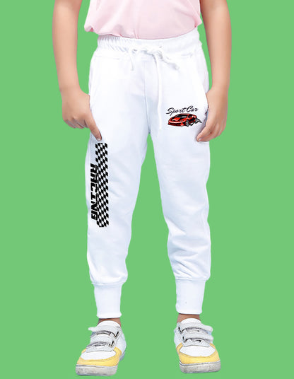 Nusyl Boys White Car & Text Printed Ankle Length Track Pant