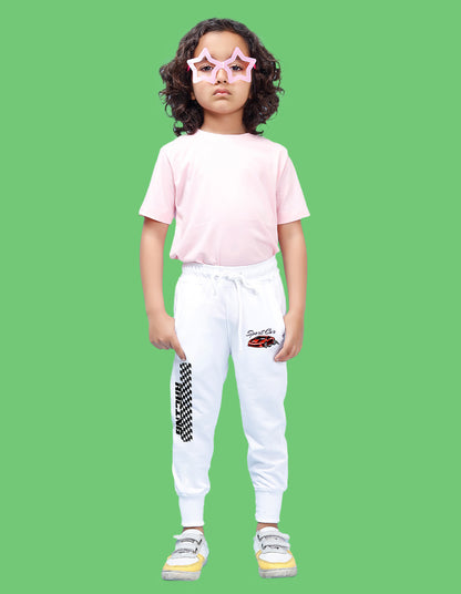 Nusyl Boys White Car & Text Printed Ankle Length Track Pant
