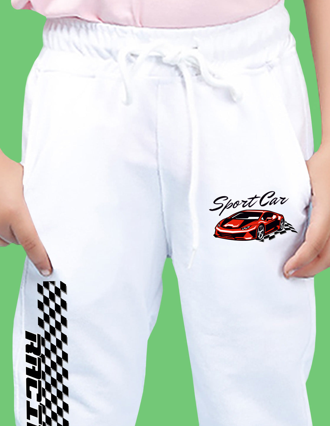 Nusyl Boys White Car & Text Printed Ankle Length Track Pant