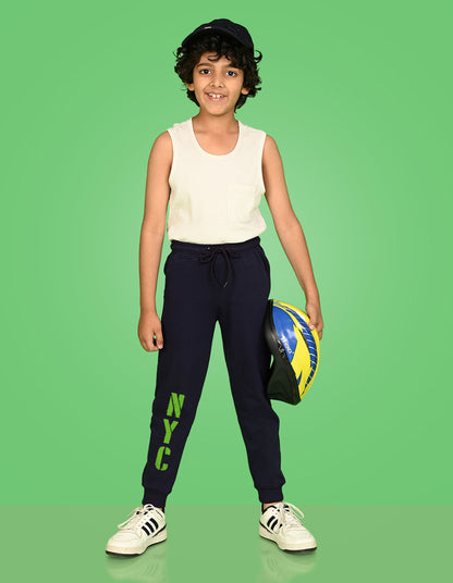 Nusyl Boys Navy Blue Nyc Text Printed Ankle Length Track Pant
