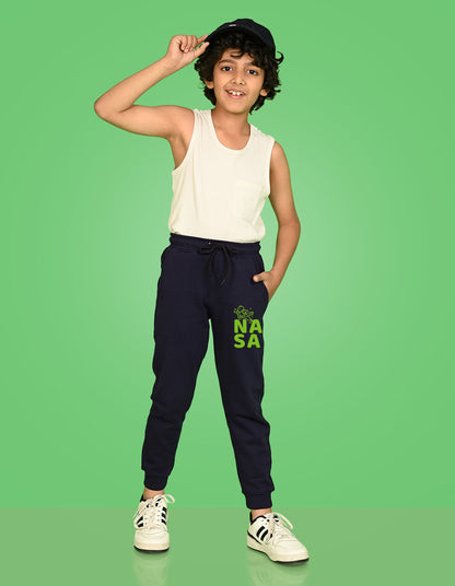 Nusyl Boys Navy Blue Nasa Text Printed Ankle Length Track Pant