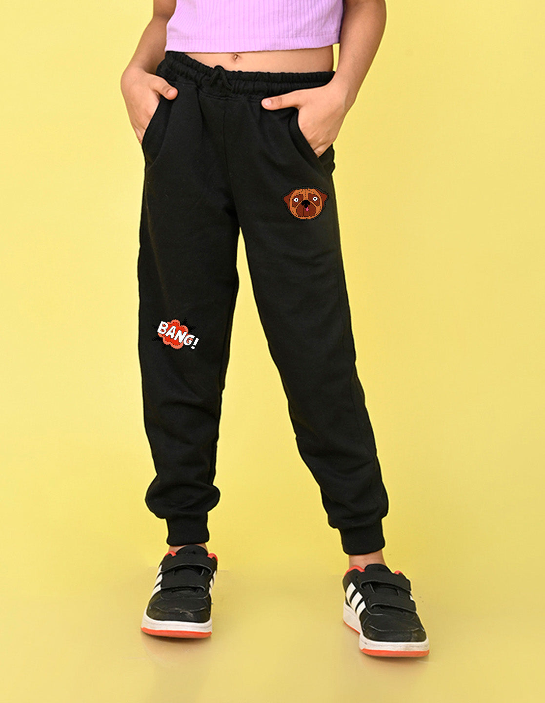 NUSYL Girls Black Bang text Printed Full Length Track Pants