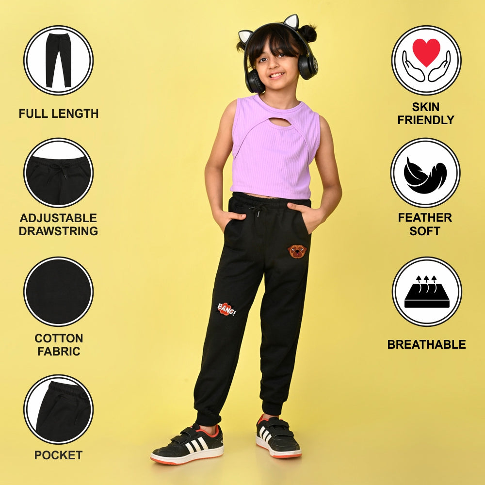 NUSYL Girls Black Bang text Printed Full Length Track Pants