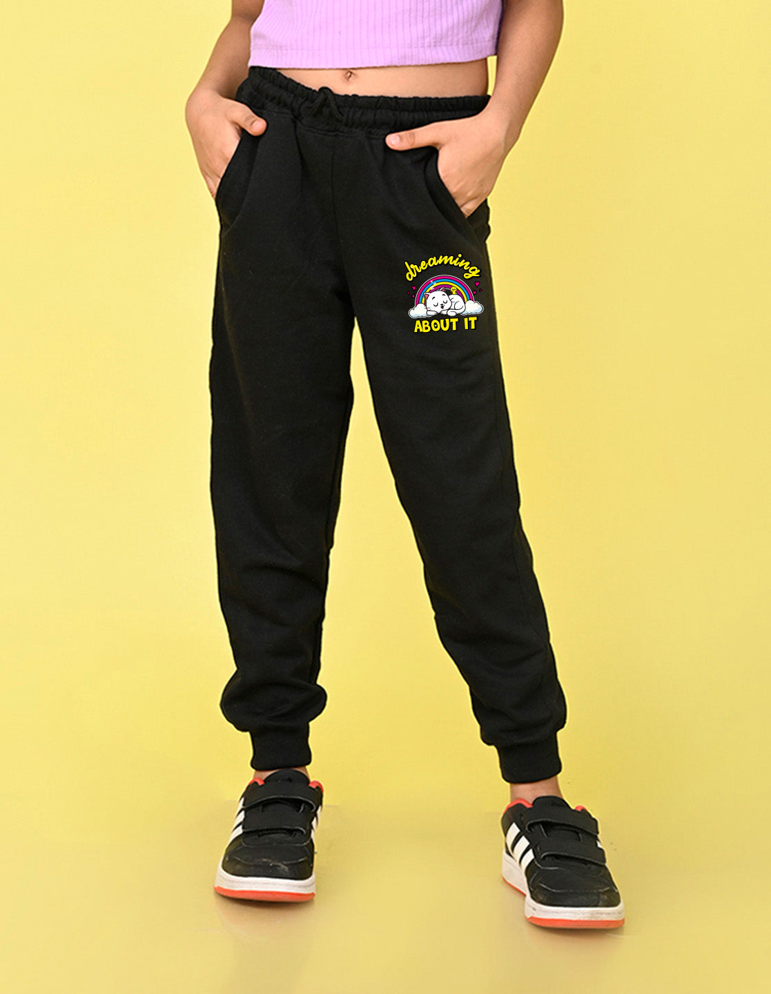 NUSYL Girls Black Dreaming about it text Printed Full Length Track Pants