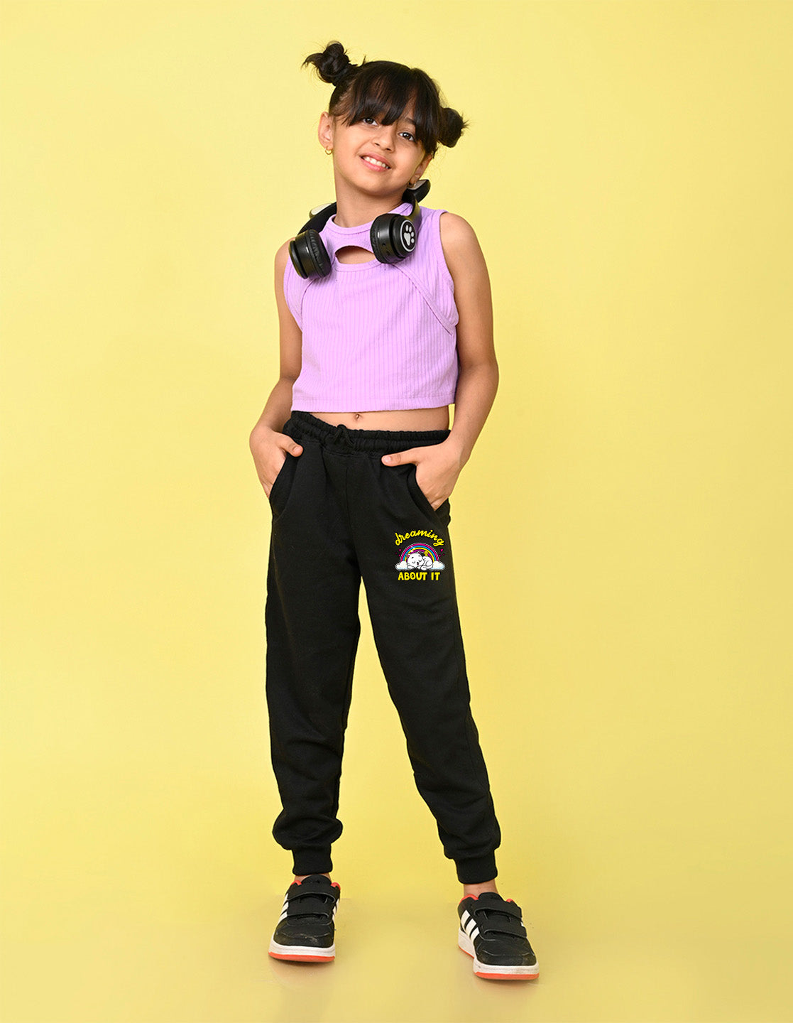 NUSYL Girls Black Dreaming about it text Printed Full Length Track Pants