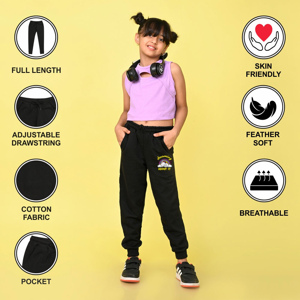 NUSYL Girls Black Dreaming about it text Printed Full Length Track Pants