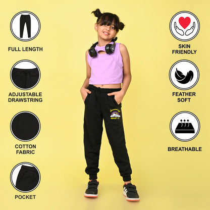 NUSYL Girls Black Dreaming about it text Printed Full Length Track Pants