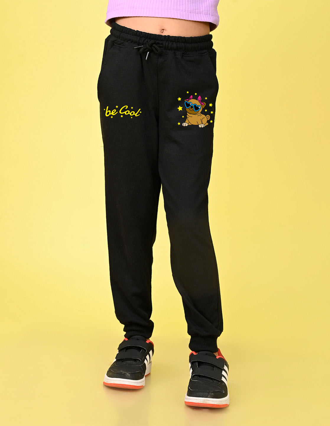NUSYL Girls Black Be cool text Printed Full Length Track Pants