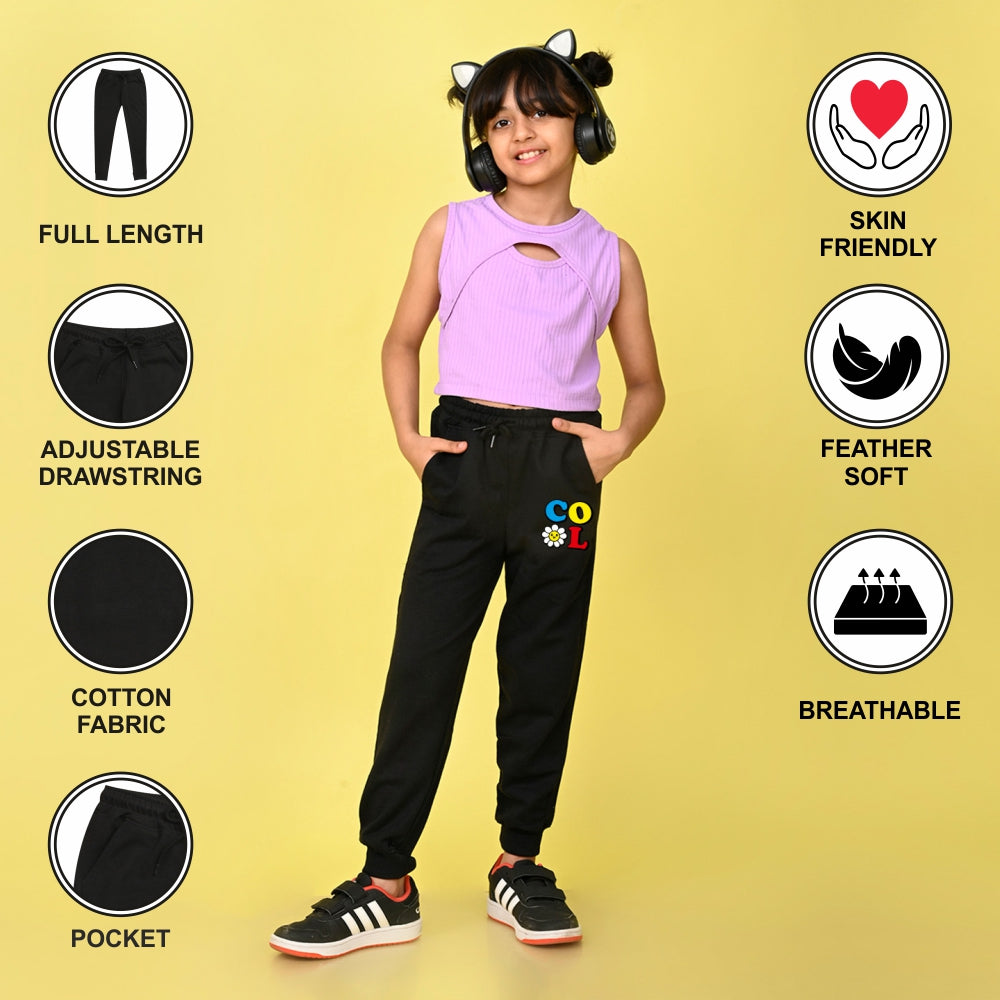 NUSYL Girls Black Cool text Printed Full Length Track Pants