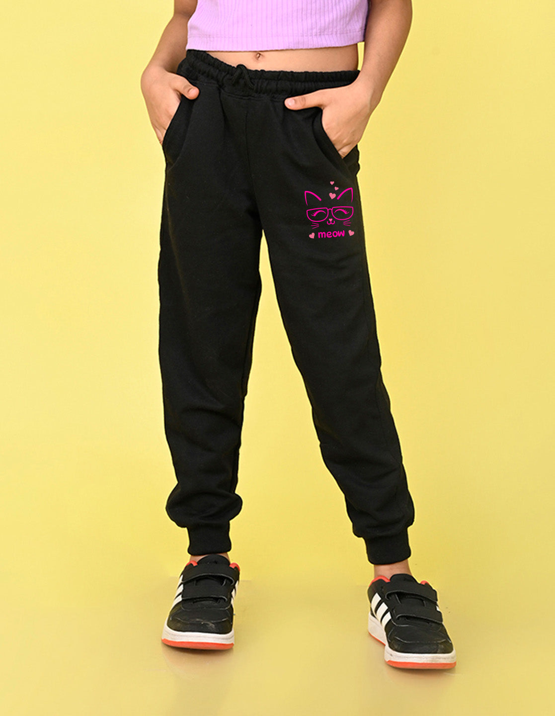 NUSYL Girls Black Meow Text Printed Full Length Track Pants