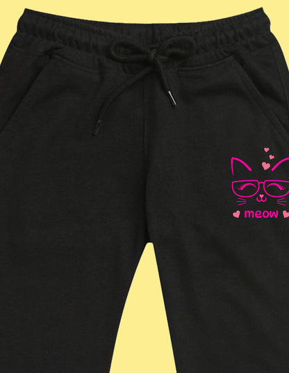 NUSYL Girls Black Meow Text Printed Full Length Track Pants