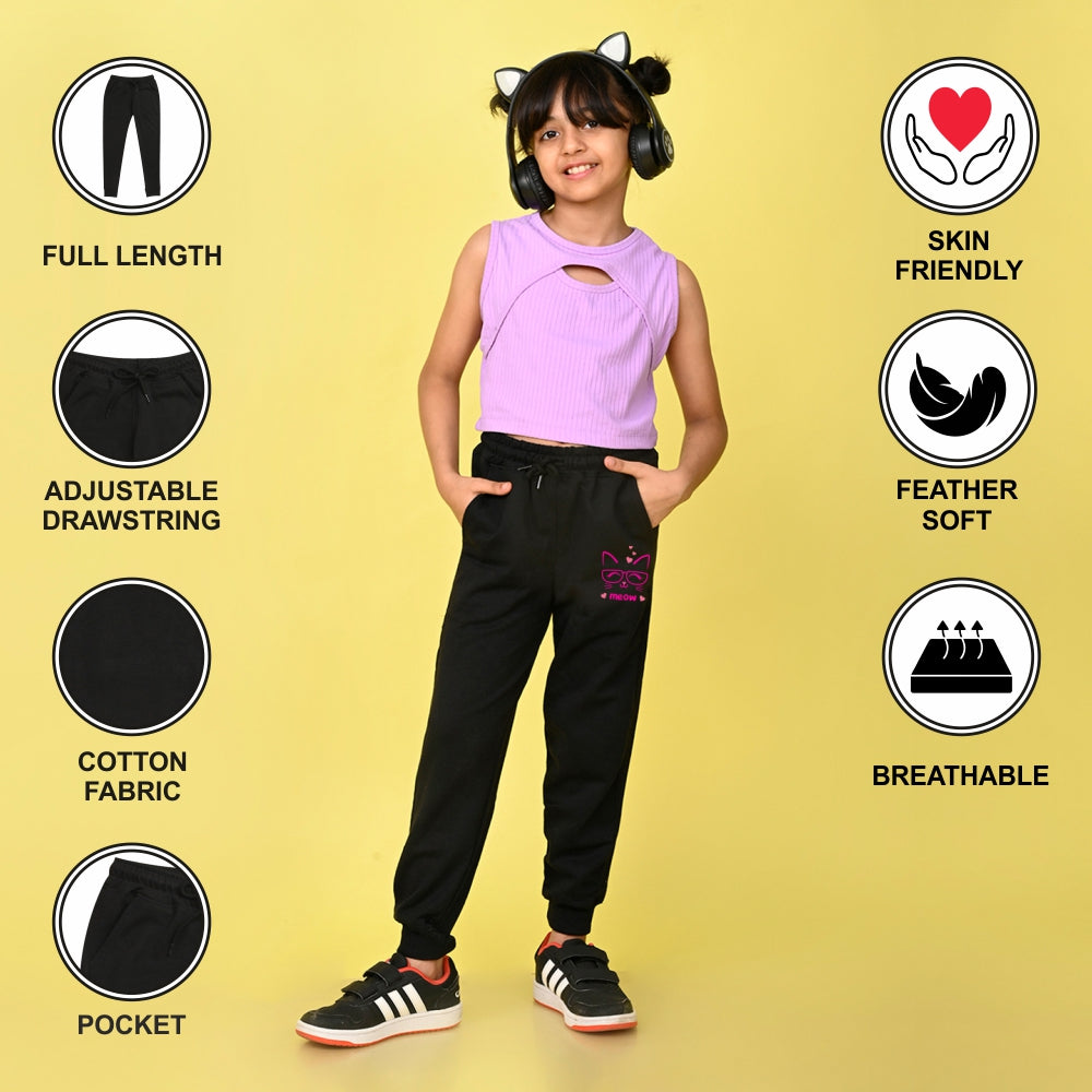 NUSYL Girls Black Meow Text Printed Full Length Track Pants