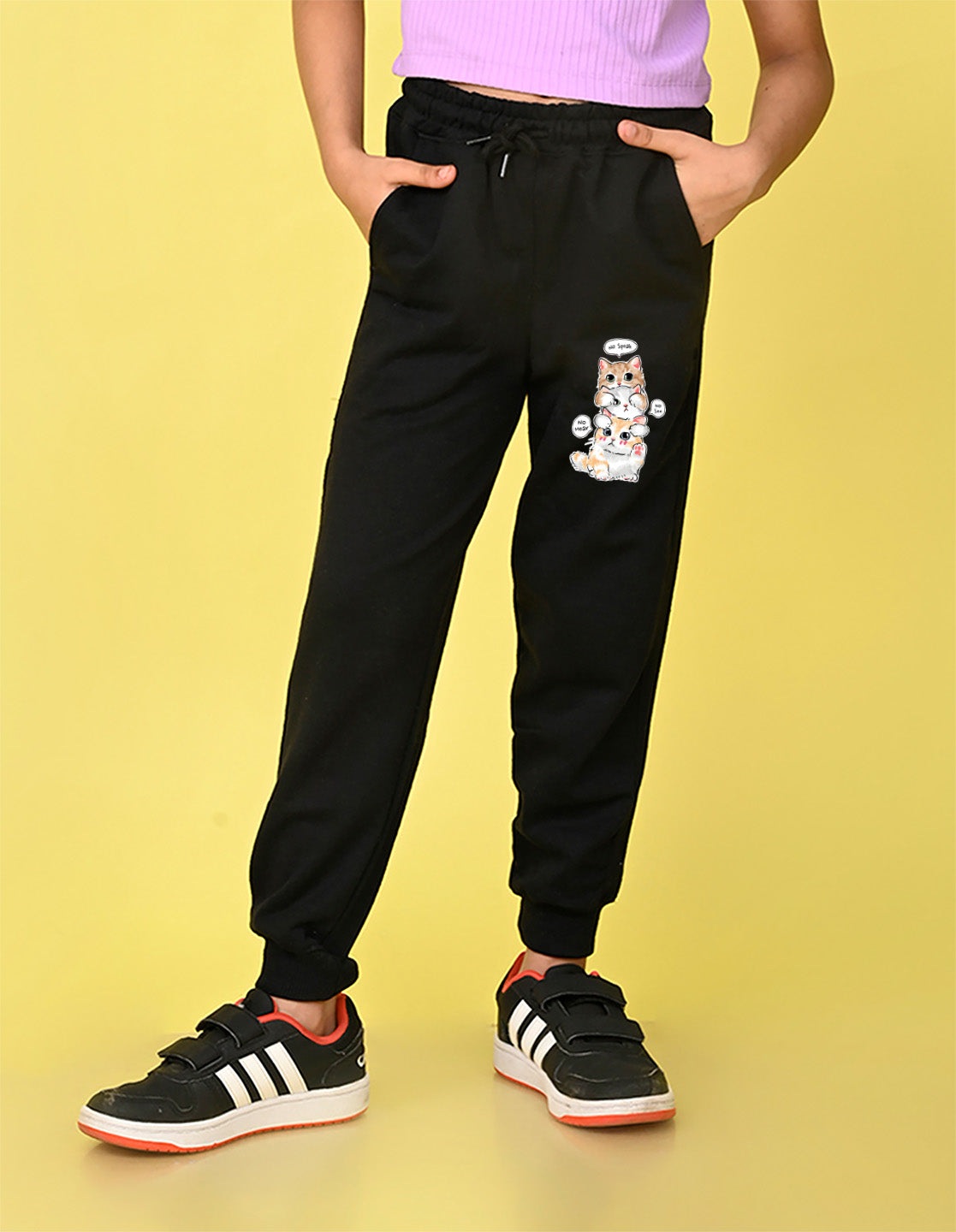 NUSYL Girls Black Cute cats Printed Full Length Track Pants