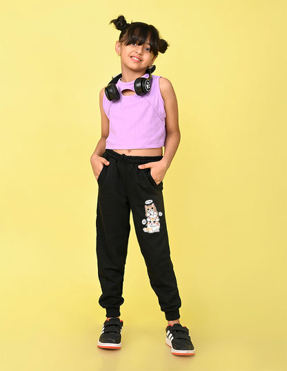 NUSYL Girls Black Cute cats Printed Full Length Track Pants