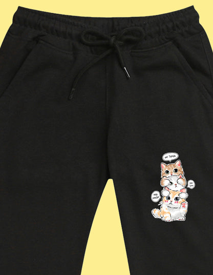 NUSYL Girls Black Cute cats Printed Full Length Track Pants
