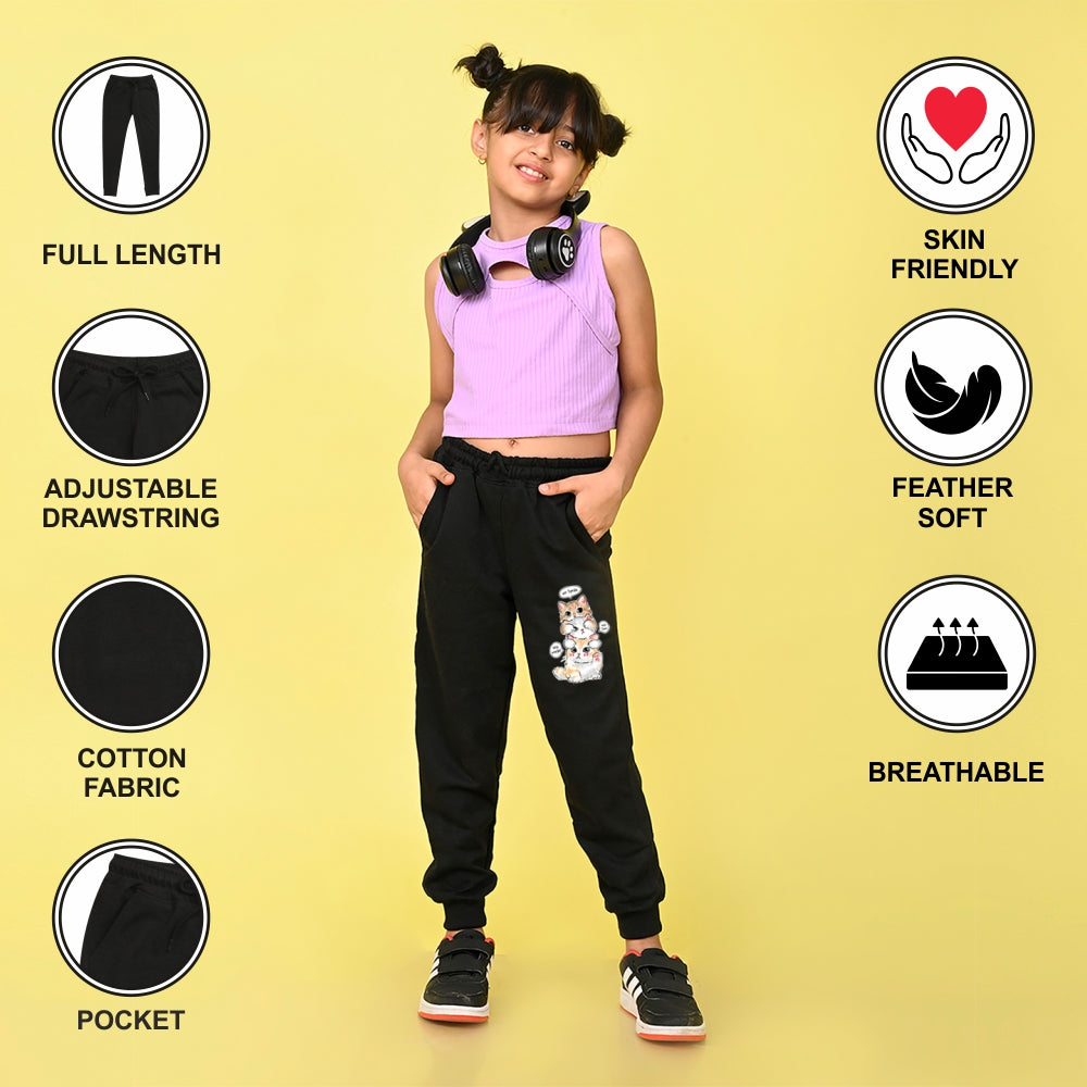 NUSYL Girls Black Cute cats Printed Full Length Track Pants