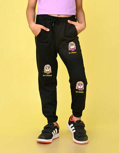NUSYL Girls Black Cute girls Printed Full Length Track Pants