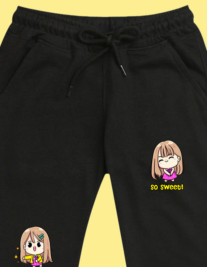 NUSYL Girls Black Cute girls Printed Full Length Track Pants