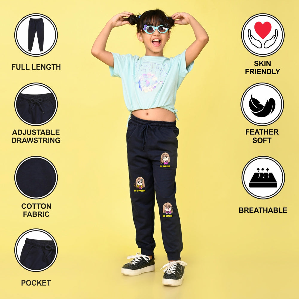 NUSYL Girls Black Cute girls Printed Full Length Track Pants