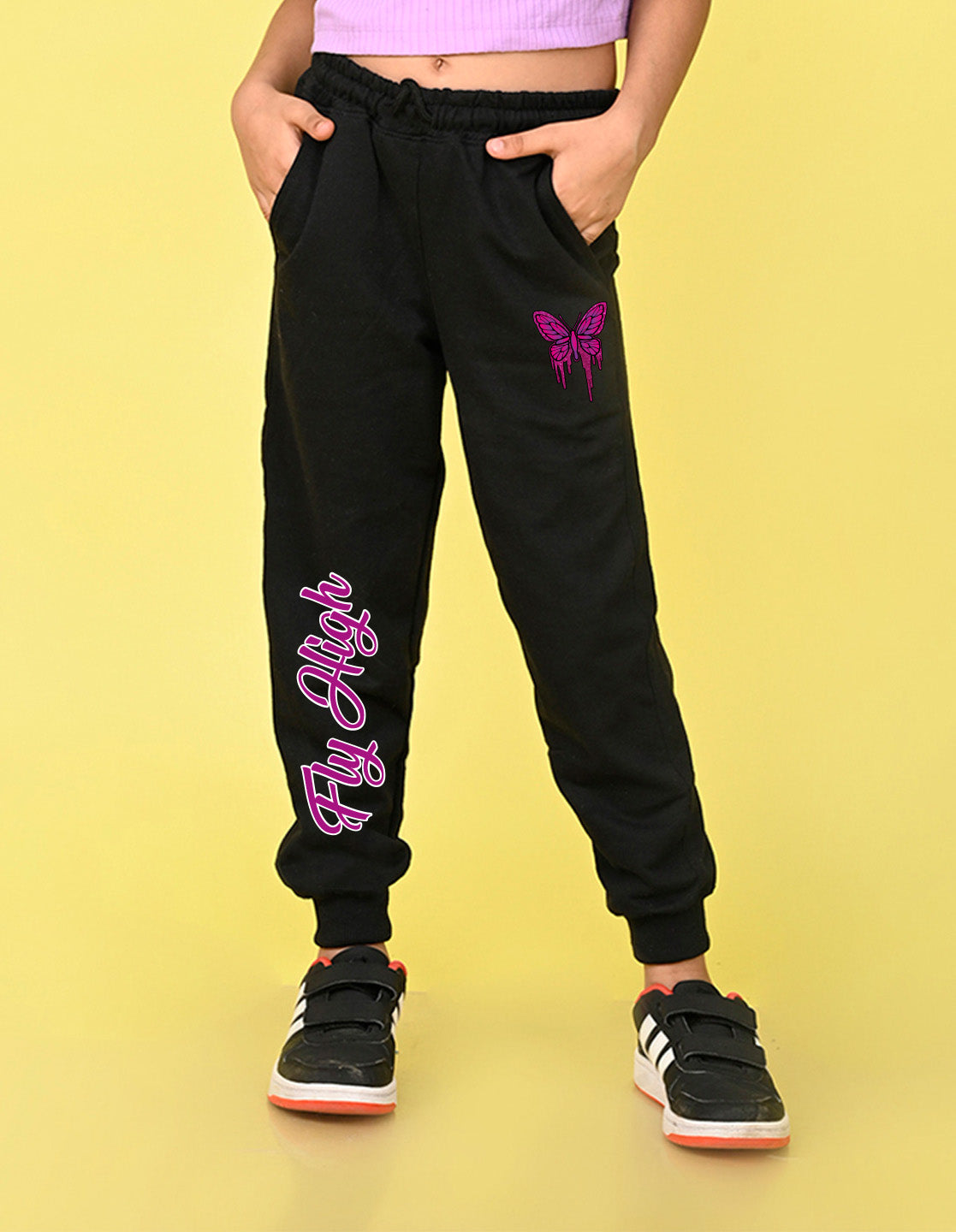NUSYL Girls Black Butterfly Printed Full Length Track Pants