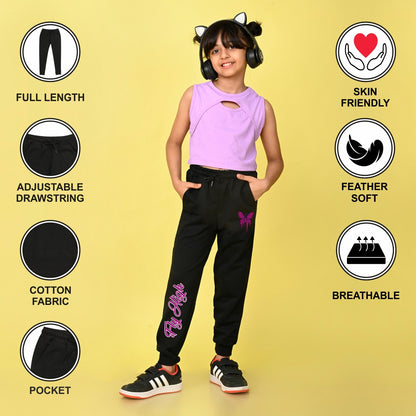 NUSYL Girls Black Butterfly Printed Full Length Track Pants