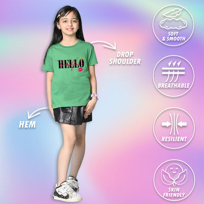 Nusyl Girls Green Hellow Text Printed  Short sleeve Cotton Blend Oversized T-shirts