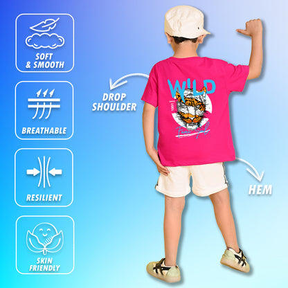 Nusyl Boys Hot Pink Wild Text Printed Short Sleeve Oversized T-Shirt