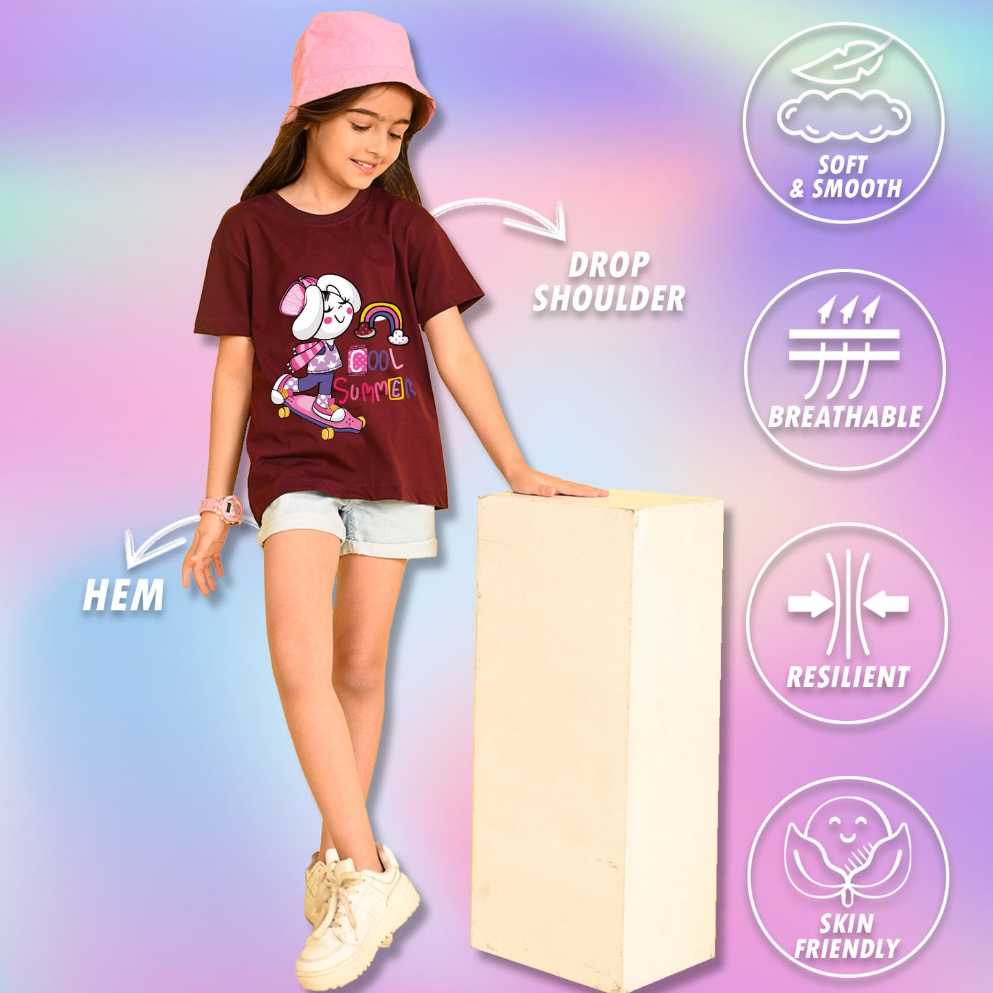 Nusyl Girls Wine Cool Summer Text  Printed  Short sleeve Cotton Blend Oversized T-shirts