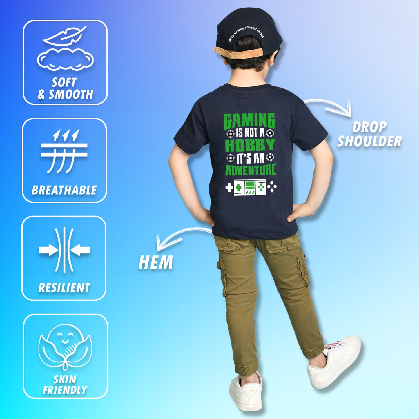 Nusyl Boys Navy Blue Gaming is Not A Hobby Text Printed Short Sleeve Oversized T-Shirt